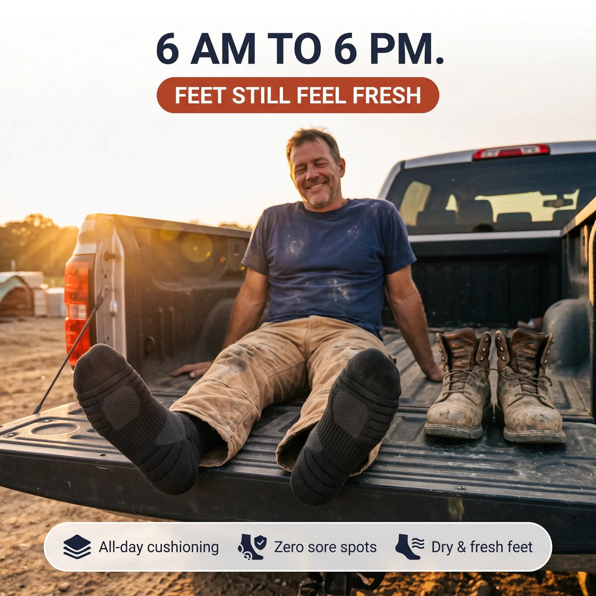 Tradesman resting after a 12-hour shift in Kessler cushioned work socks