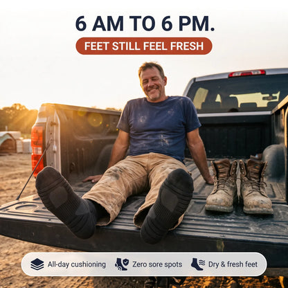 Tradesman resting after a 12-hour shift in Kessler cushioned work socks