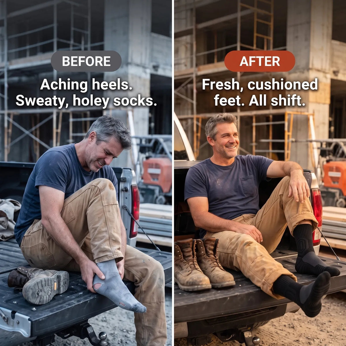 Before and after: aching feet in cheap cotton socks vs. comfortable feet in Kessler cushioned work socks