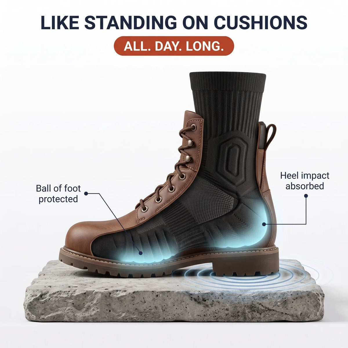 Kessler work sock cushioning absorbs heel impact inside a work boot