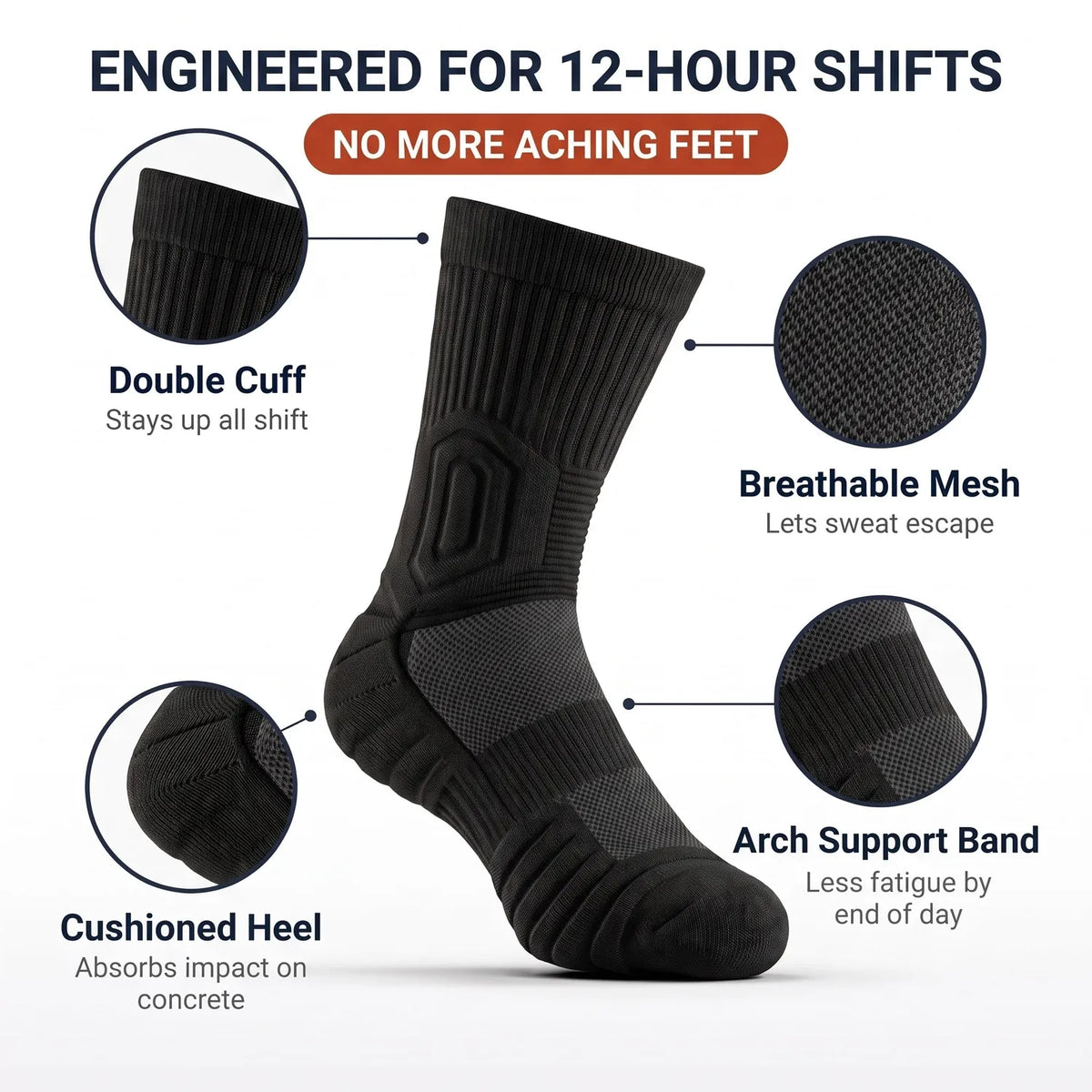 Kessler work socks features: double cuff, breathable mesh, cushioned heel, arch support band