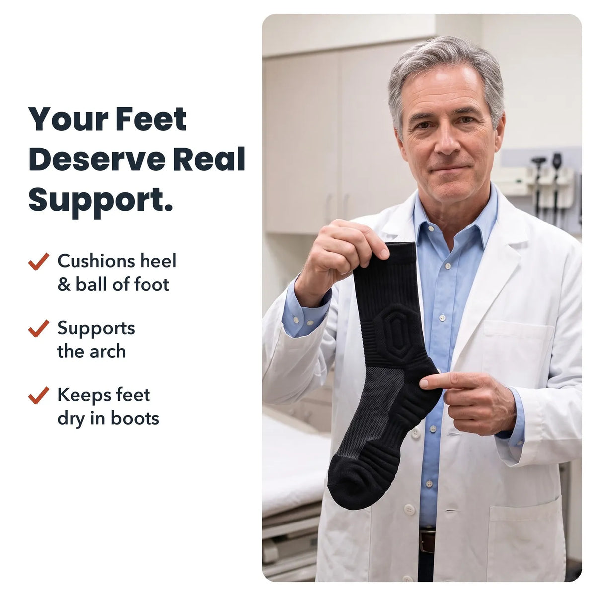 Kessler cushioned work sock held up in a clinic: cushions heel and ball of foot, supports the arch, keeps feet dry in boots